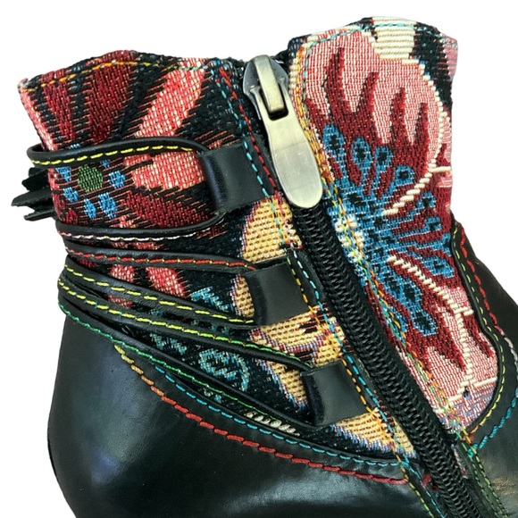 L' Artiste Spring Step Live Leather Tapestry Floral Ankle Bootie Fringe Women - Picture 9 of 15